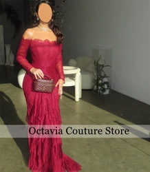 레드 레이스 우아한 사우디 이브닝 드레스, 오프숄더 긴팔 정장 가운, 인어 연예인 파티 원피스 맞춤형