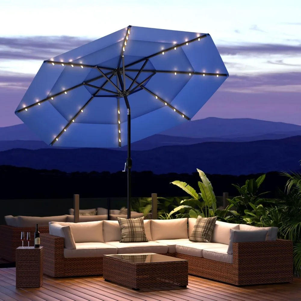 

9FT 3 Tiers LED Patio Umbrella, Outdoor Umbrella with Solar LED Lights, Market Patio Table Umbrellas with 8 Sturdy Ribs, Pool U