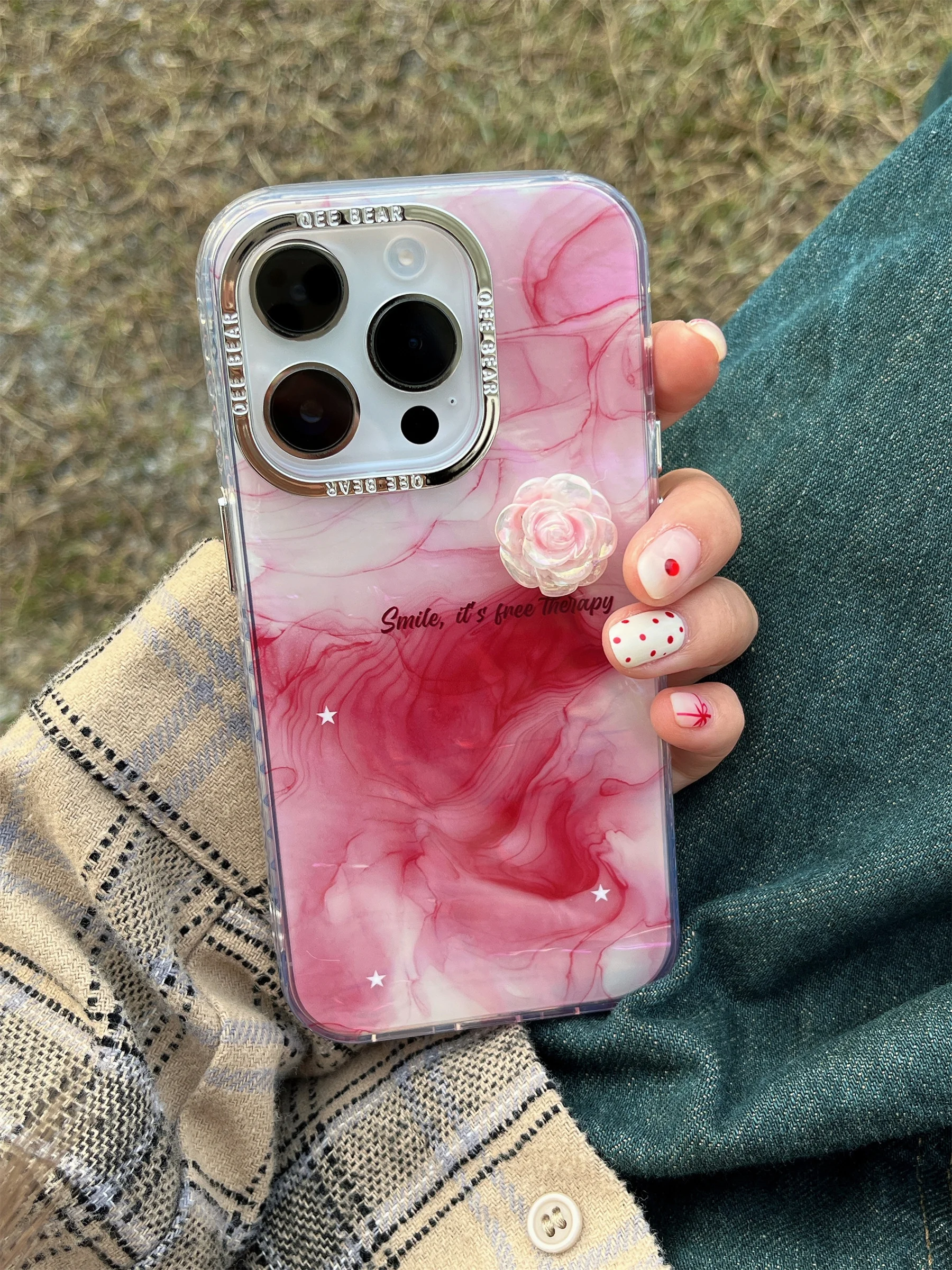 Halo Dyeing 3D Camellia Case para iPhone, capa traseira à prova de choque suave, menina elegante, estética de luxo Ins coreana, 15, 14, 13, 12 Pro Max