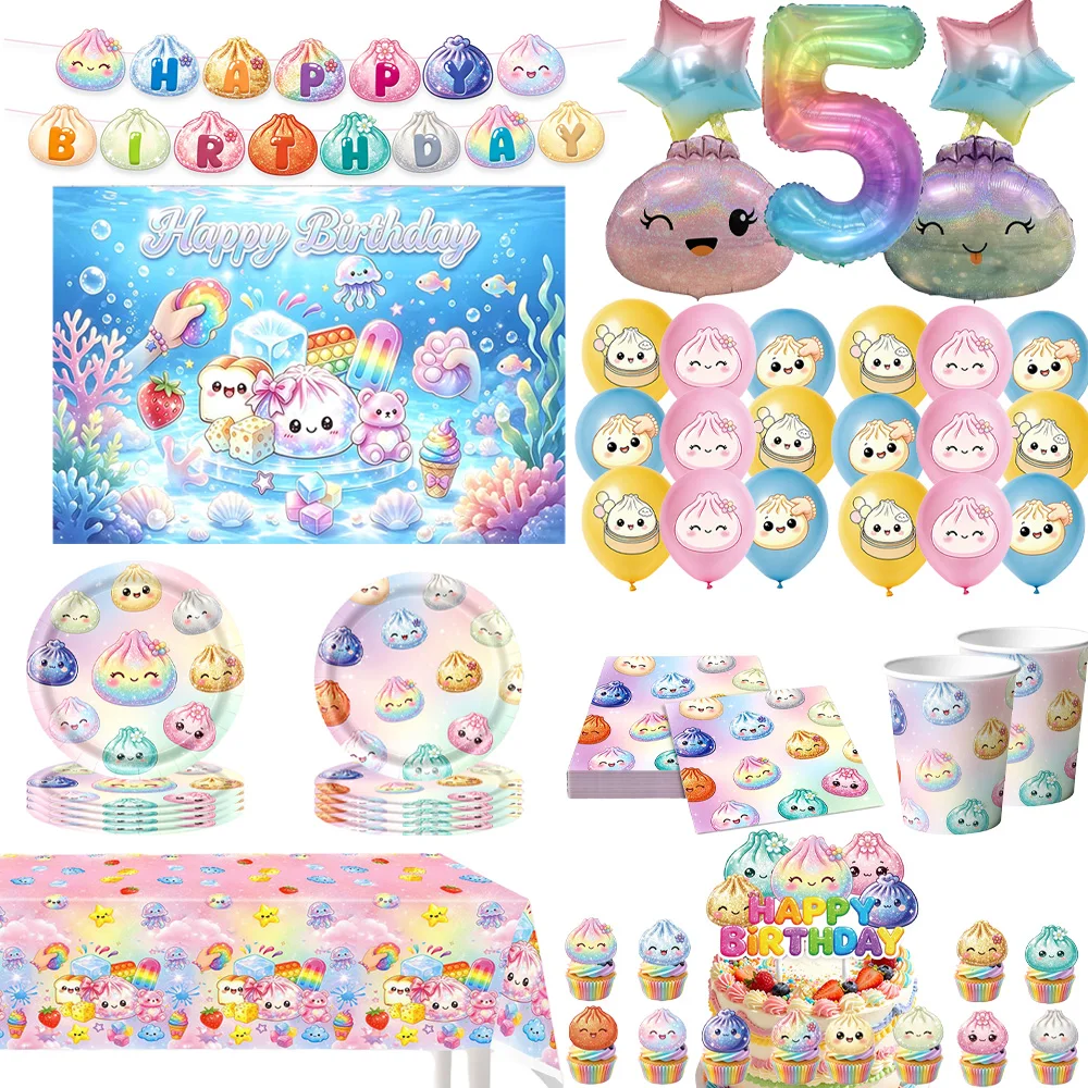 Dumplings Birthday Party Decoration Set Tableware Paper Plate Napkin Cup Cartoon Steamed Buns Balloon Party Supplies Baby shower