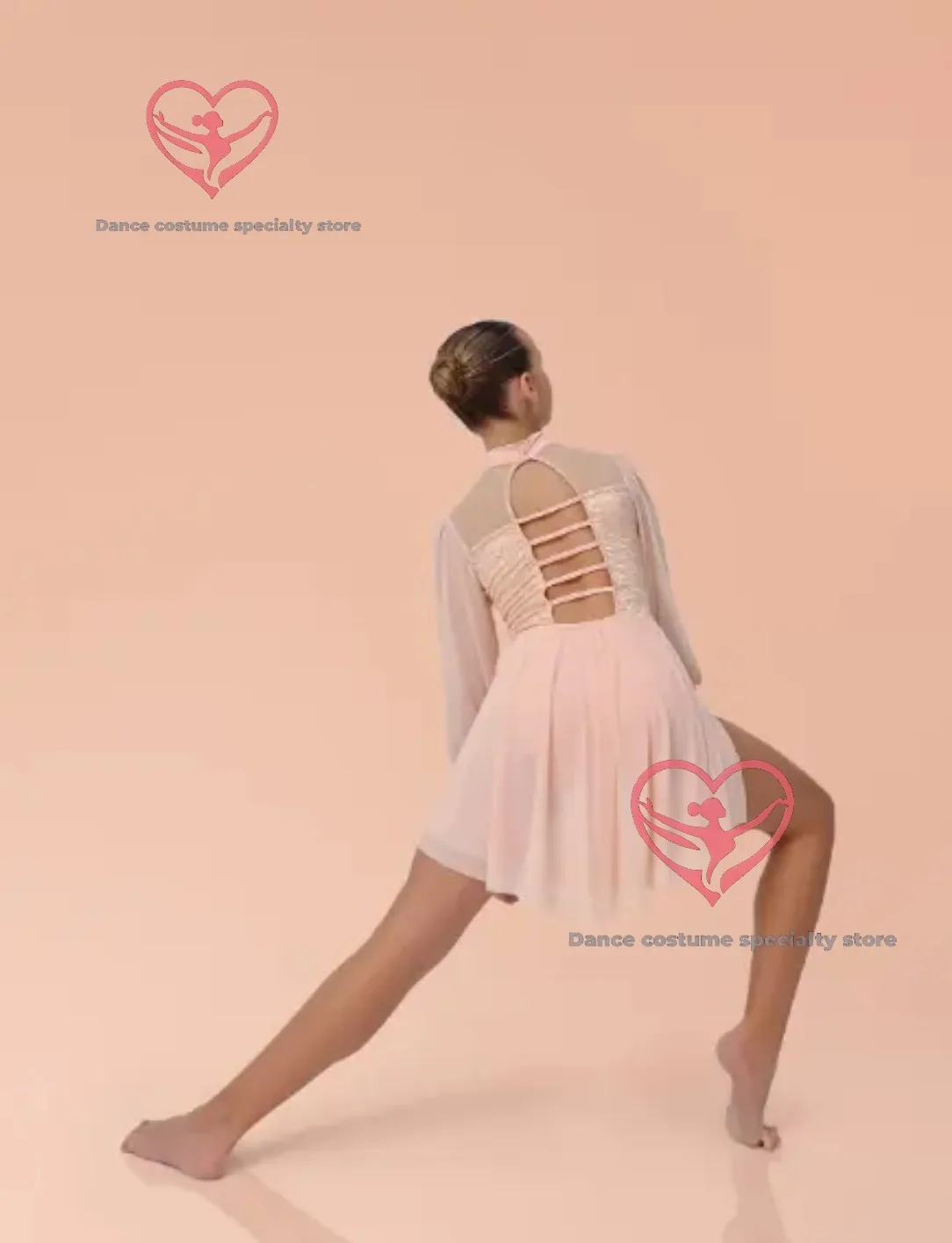 Stage-quality embroidered lace costume with wide cuffs and long translucent sleeves, designed for elegant and expressive dance p