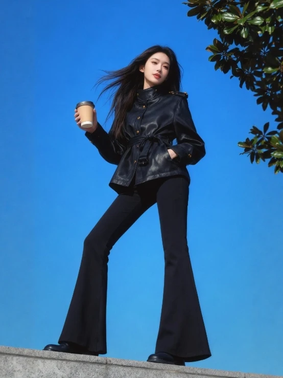 Giacca in Pelle Nera da Donna, Design Unico Coreano, Slim Fit con Collo Alto e Vita Stretta, Abbigliamento Invernale alla Moda