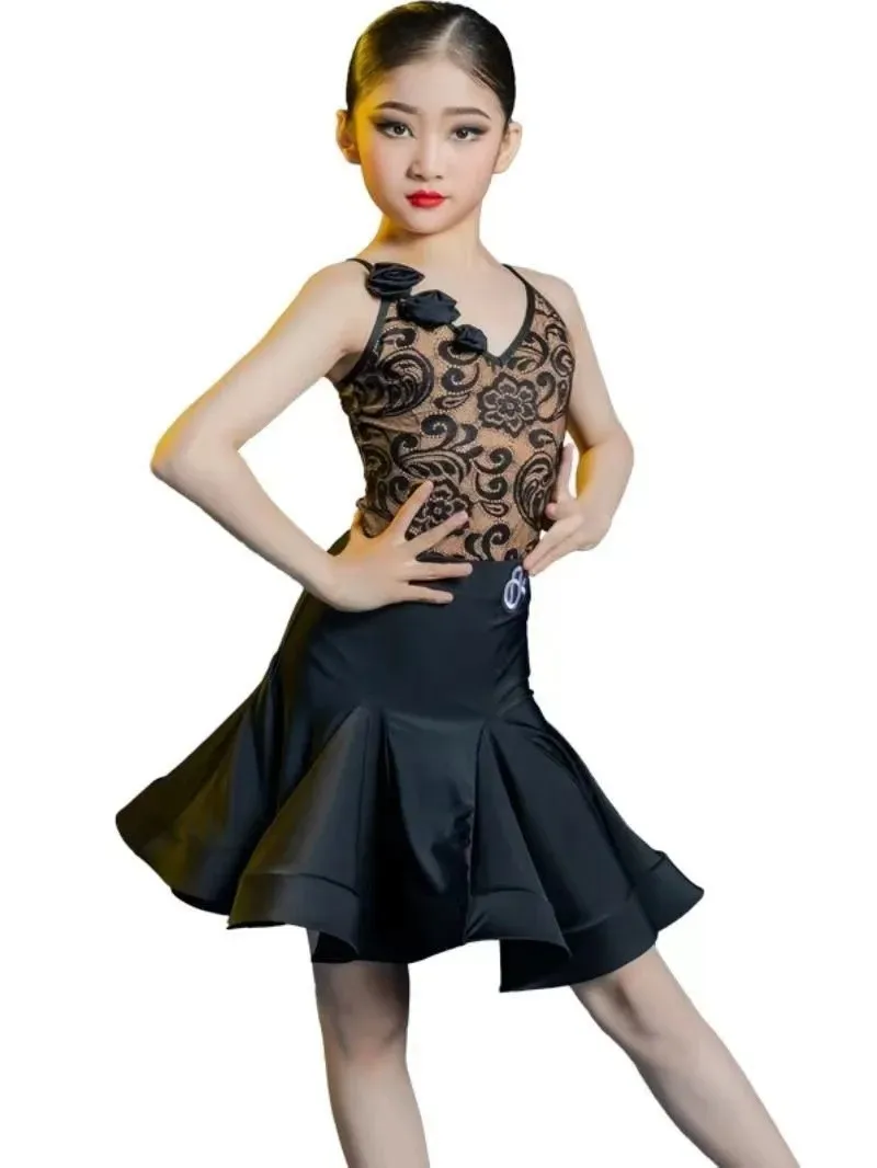 Children's Latin Dance Dress New Girls' Summer Practice Dress Dance Dress Set With Suspended Lace Advanced Performance Clothing