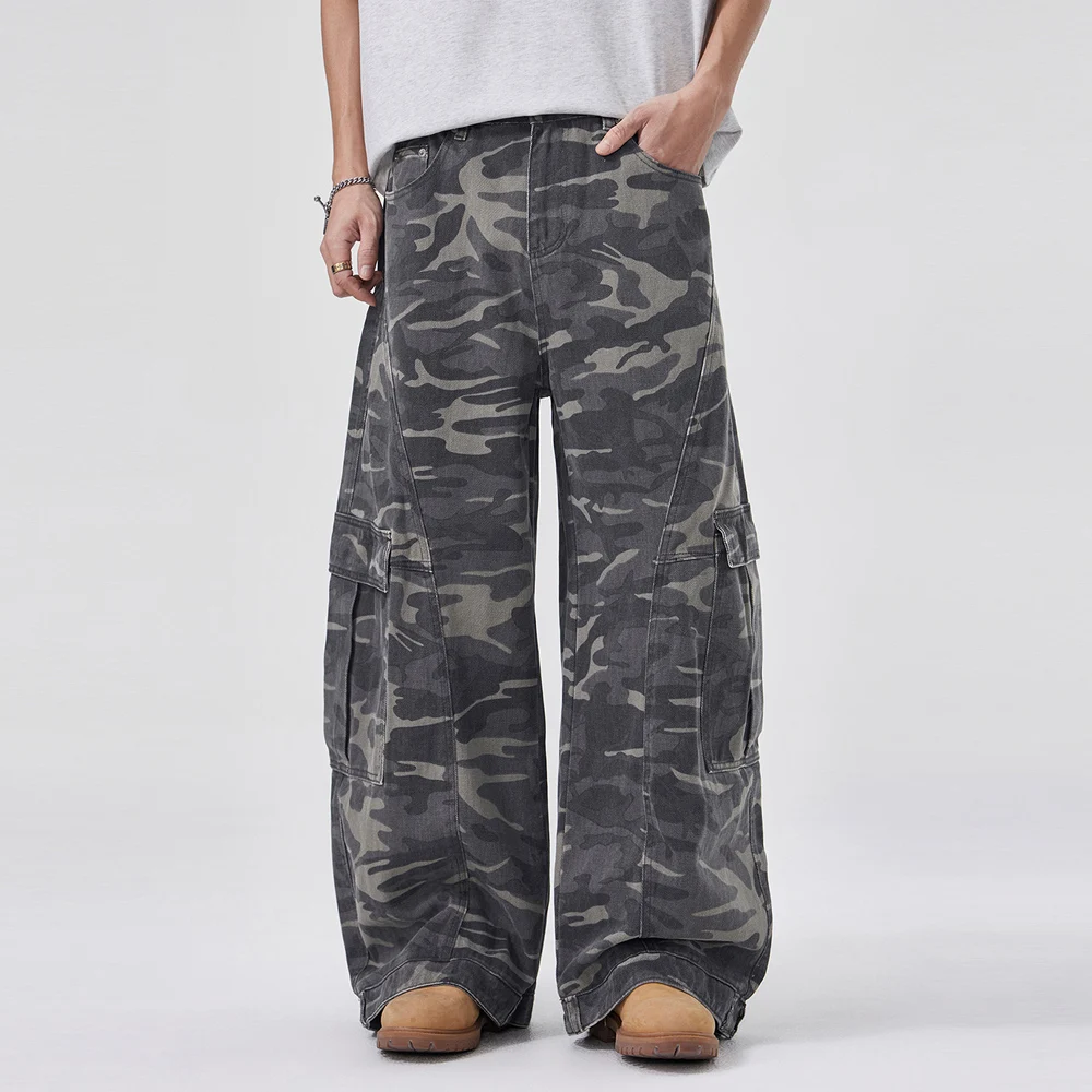 Camouflage Cargo Pants Men Women Streetwear Hip Hop Vintage Pure Cotton Casual Loose Wide Leg Scimitar Pants Couple Trousers