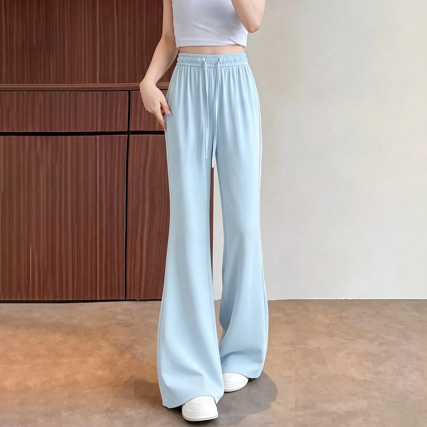 

Blue Bell Bottoms Women's Summer Thin New Ice Silk Draping Quick Dry Sports Small Size Flared Pants Casual Straight Leg Trousers