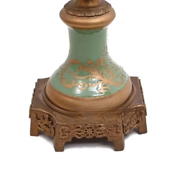 Antique Brass Porcelain Decorative Vase with Green Floral Painting Gorgeous Details Vintage Inspired Design