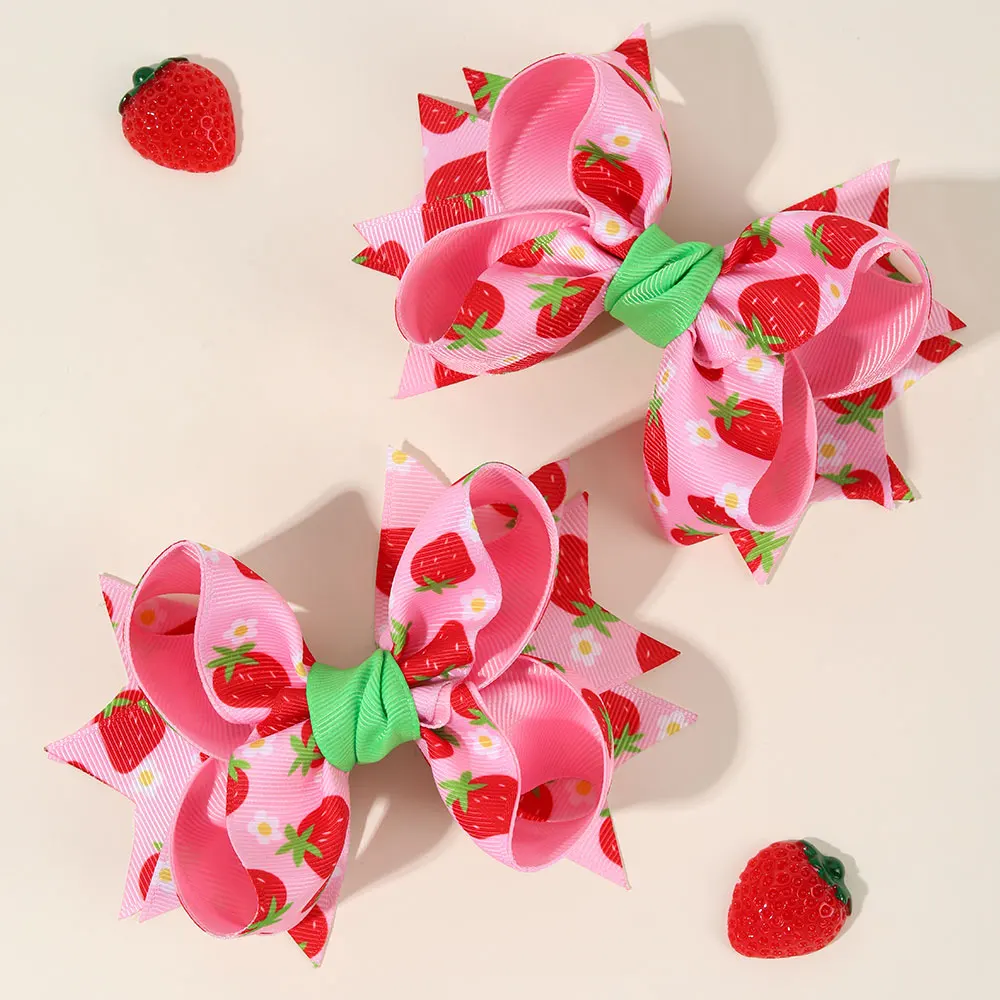 2Pcs Ribbon Strawberry Print Bows Hair Clips Bowknot Hairpin Kid Barrettes Pink Ponytail Clip Headwear Children Hair Accessories