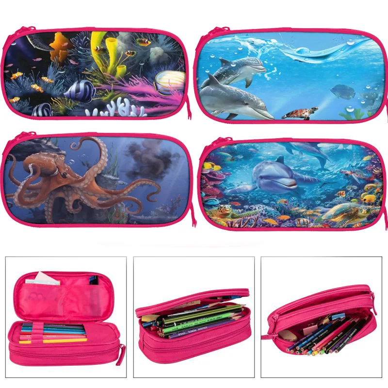 

Dolphins turtles underwater world Large Capacity Pencil Case Stationery School Supplies Pouch Office Storage Kids Pen Case Box