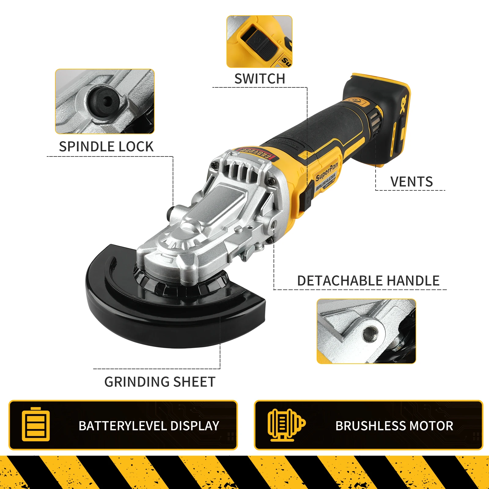 

100/125mm Brushless Angle Grinder Metal Polishing 4 Gears Cordless Grinding Machine Power Tool, for Dewalt 20v Battery specs