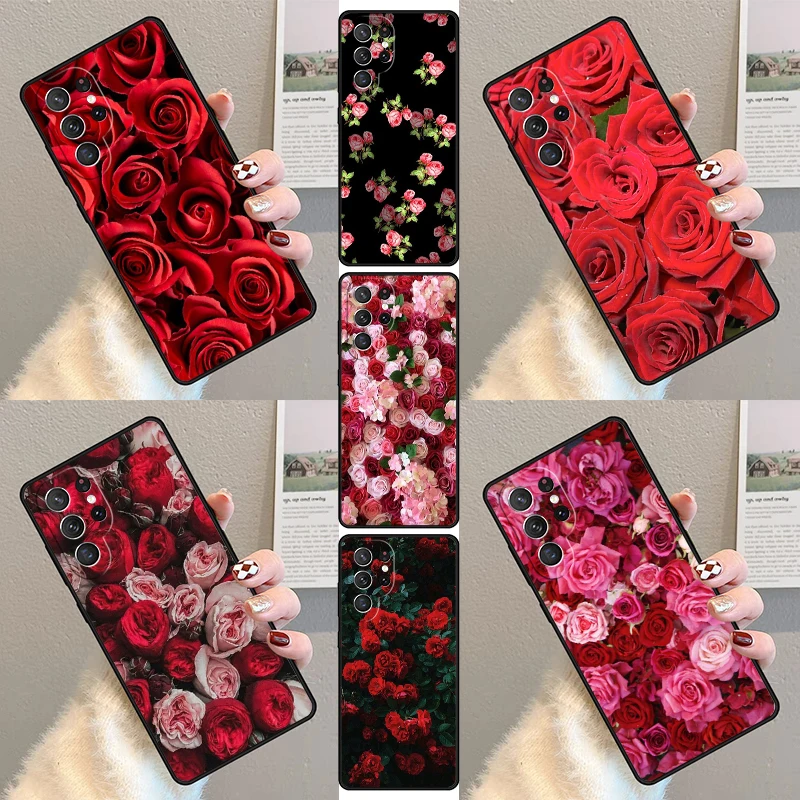 Bright Red Roses Flowers Phone Case For Samsung Galaxy S23 S21 S20 FE S24 S22 Ultra Note20 S10 S9 S8 Plus Silicone Cover