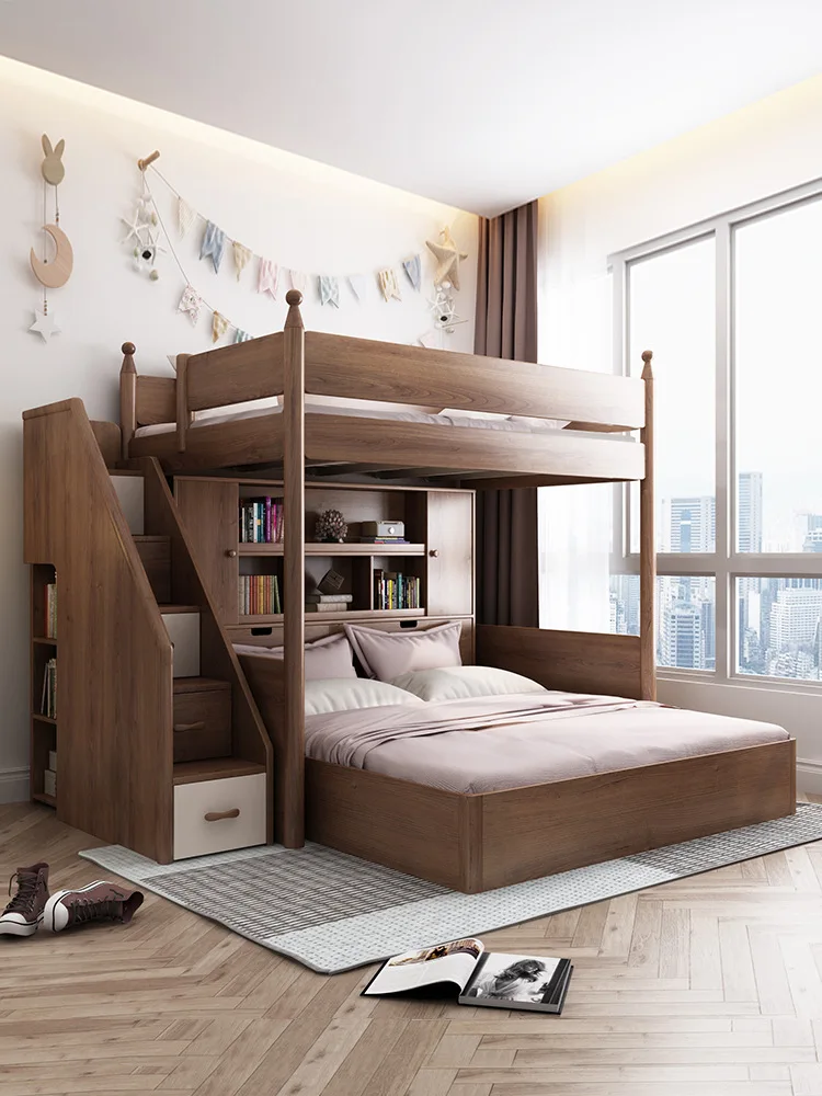 

Staggered bunk bed, staggered high and low bed with desk, wardrobe, small apartment, upper bed, lower table,