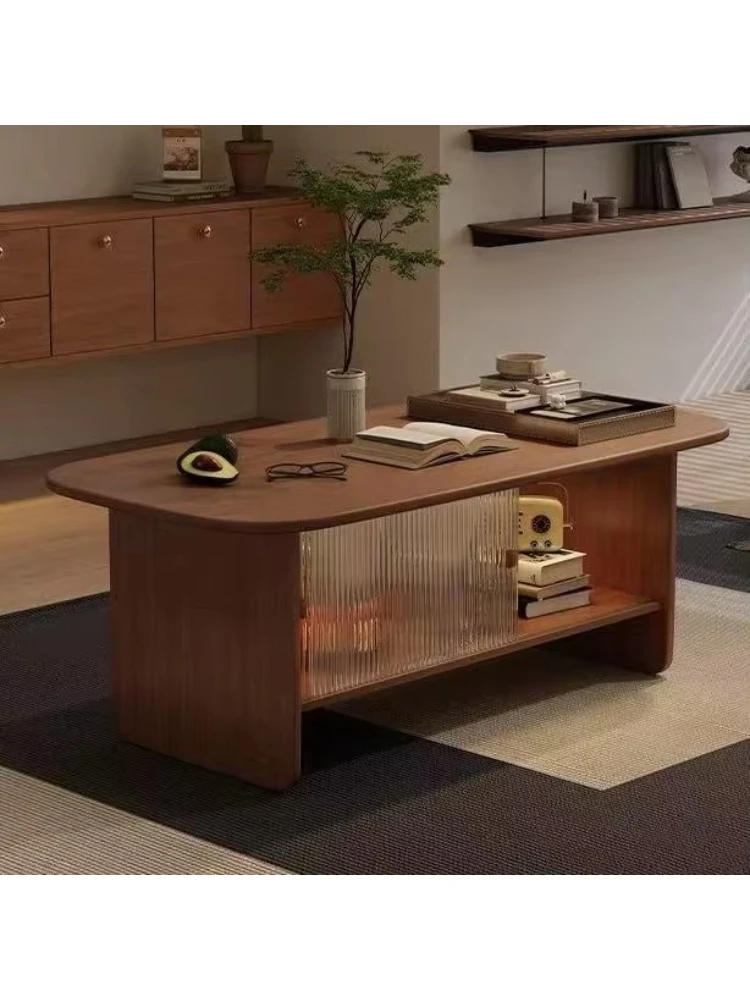 Medieval-style rectangular coffee table, solid wood, grooved glass doors, storage space, living room furniture