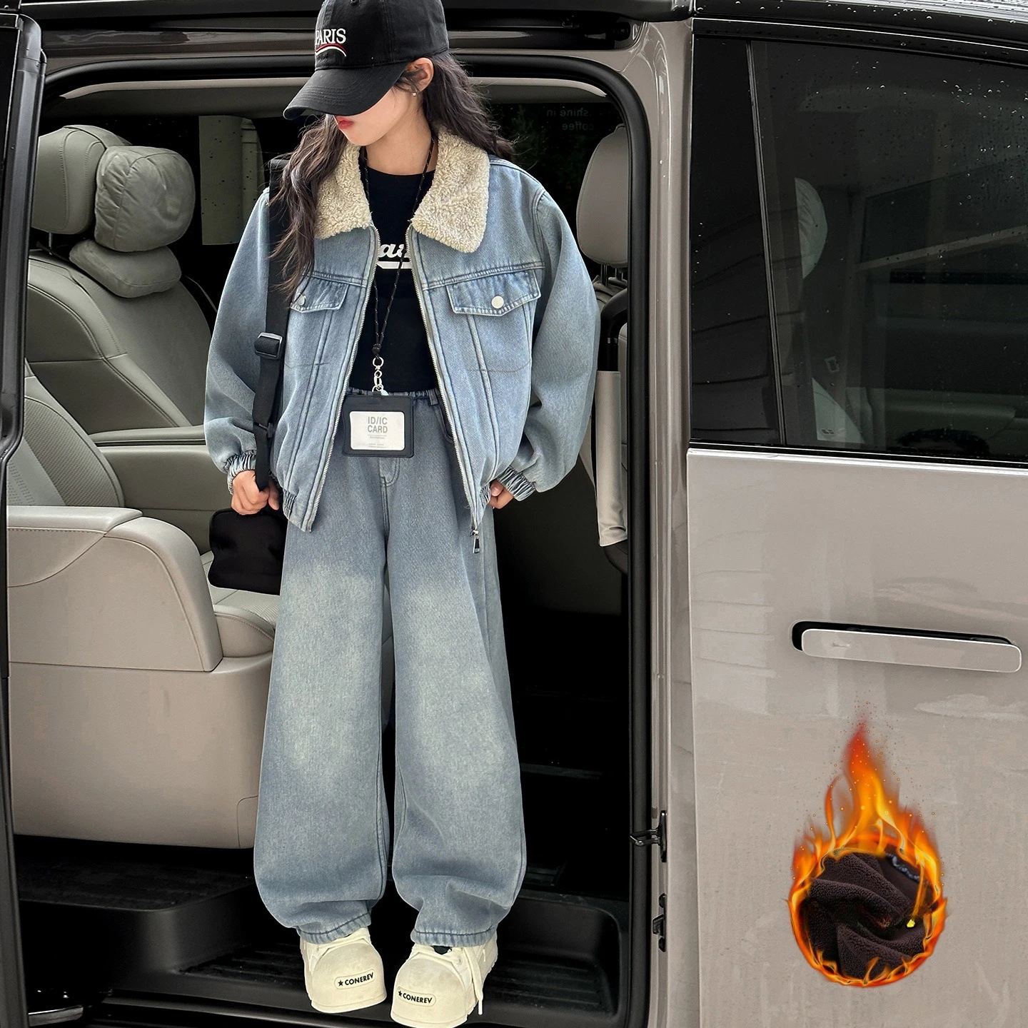 الفتيات الدنيم الزي مجموعة 2025 الشتاء موضة الفراء طوق سترة قصيرة بنطال ذو قصة أرجل واسعة 2-قطعة رشاقته الدافئة في سن المراهقة الاطفال الملابس 6-14 Y