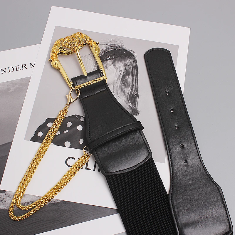 ผู้หญิงรันเวย์แฟชั่น PU หนังยืดหยุ่น Cummerbunds หญิงชุดรัดตัวเข็มขัดตกแต่งเข็มขัดกว้าง TB2247
