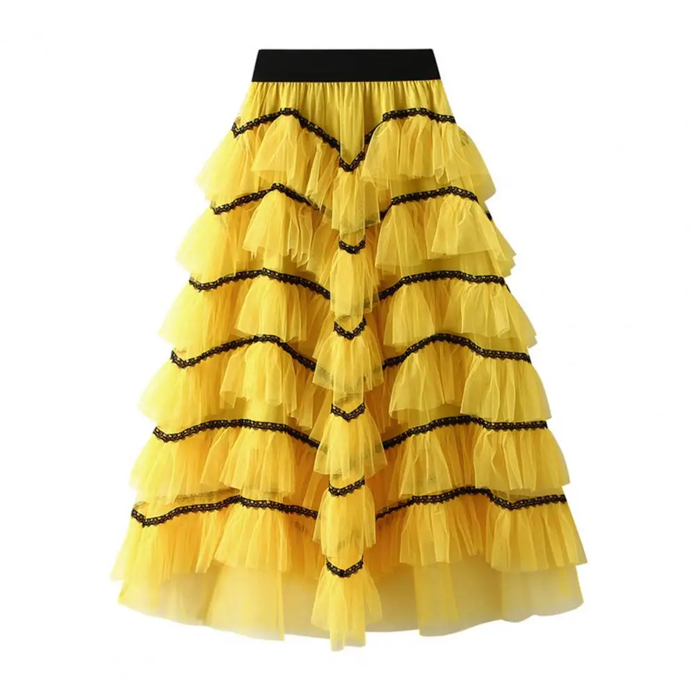 

Women Skirt High Waist A-line Big Swing Ruffle Scattered Hem Pleated Patchwork Princess Style Ankle Length Skirt