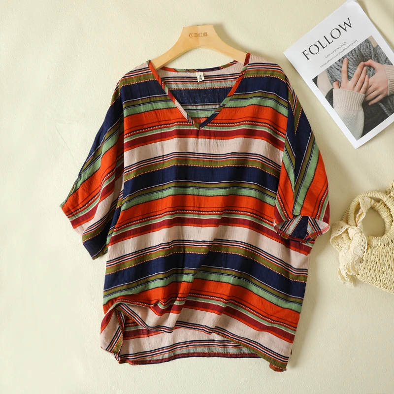 

Retro Striped Cotton Lin Batwing Sve T-irt plus Size Women's V-Ne Asymmetric Linen Meat Concealing Top Summer Wear