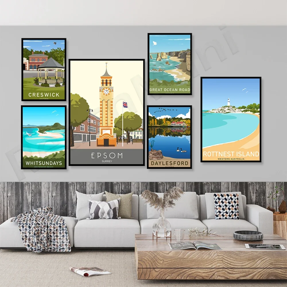 Travel poster, Great Ocean Road, Victoria, Australia, Daylesford Lake, Creswick, Whitehaven Beach, Whitsunday Islands, Rottnest