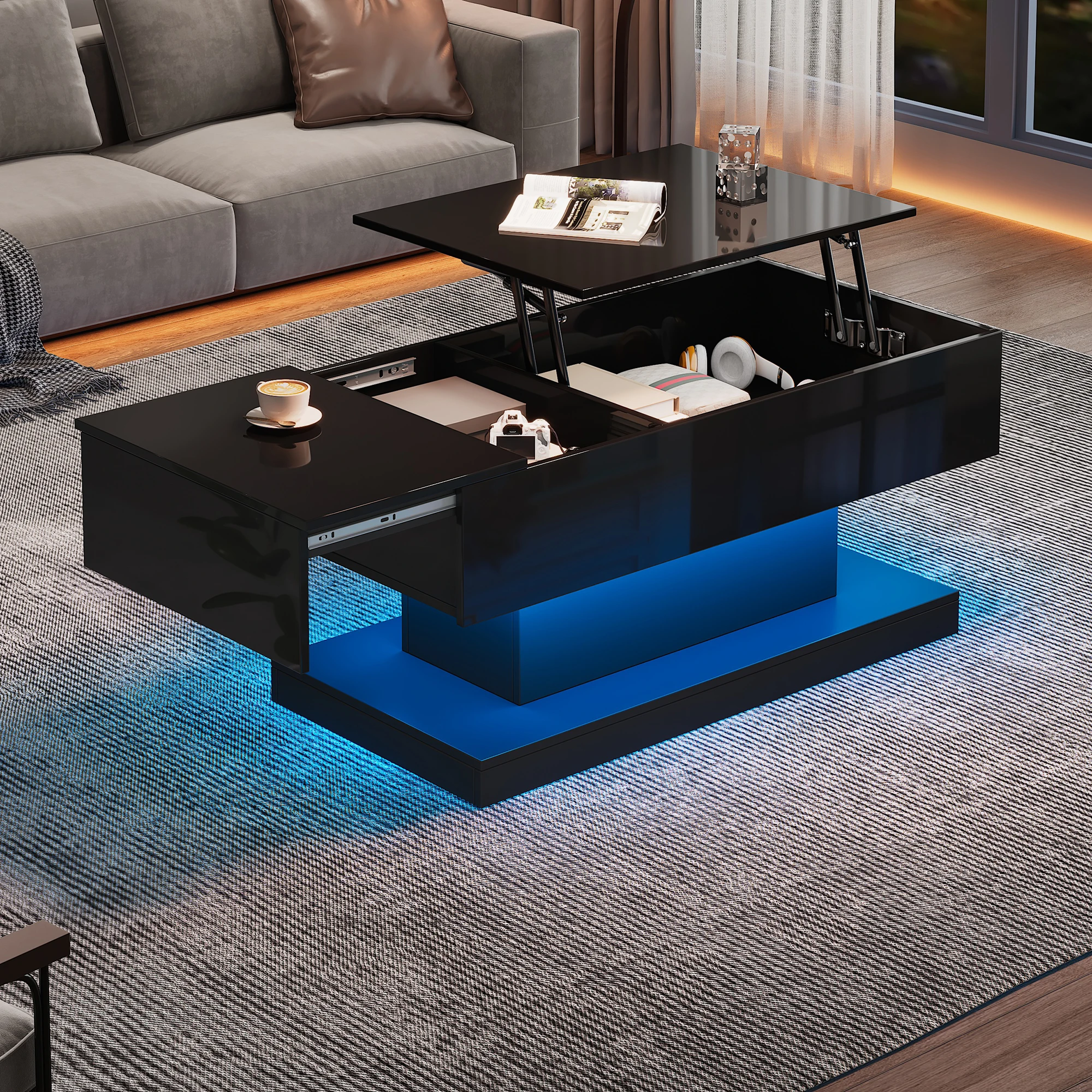 High-gloss folding tea table LED coffee tables 100 x 50 x 4cm with LED lighting semi-liftable tabletop and side-sliding design