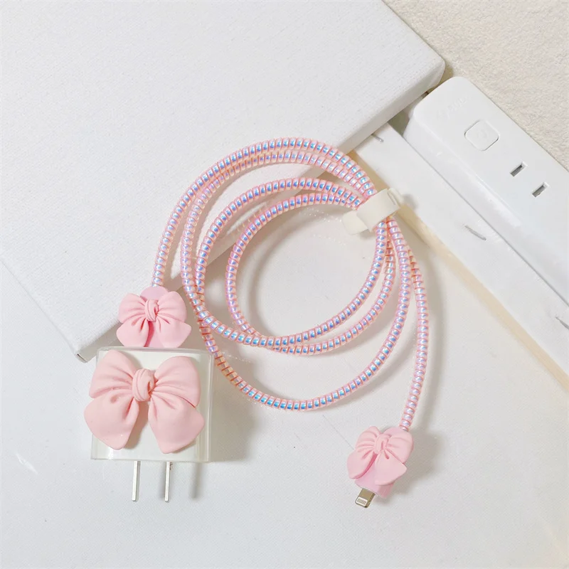 Korea Cute Pink Bow Soft Silicone Charger Case For IPhone 11 13 14 15 18W-20W Fast Charge Protection Cover Clear Charger Sleeve