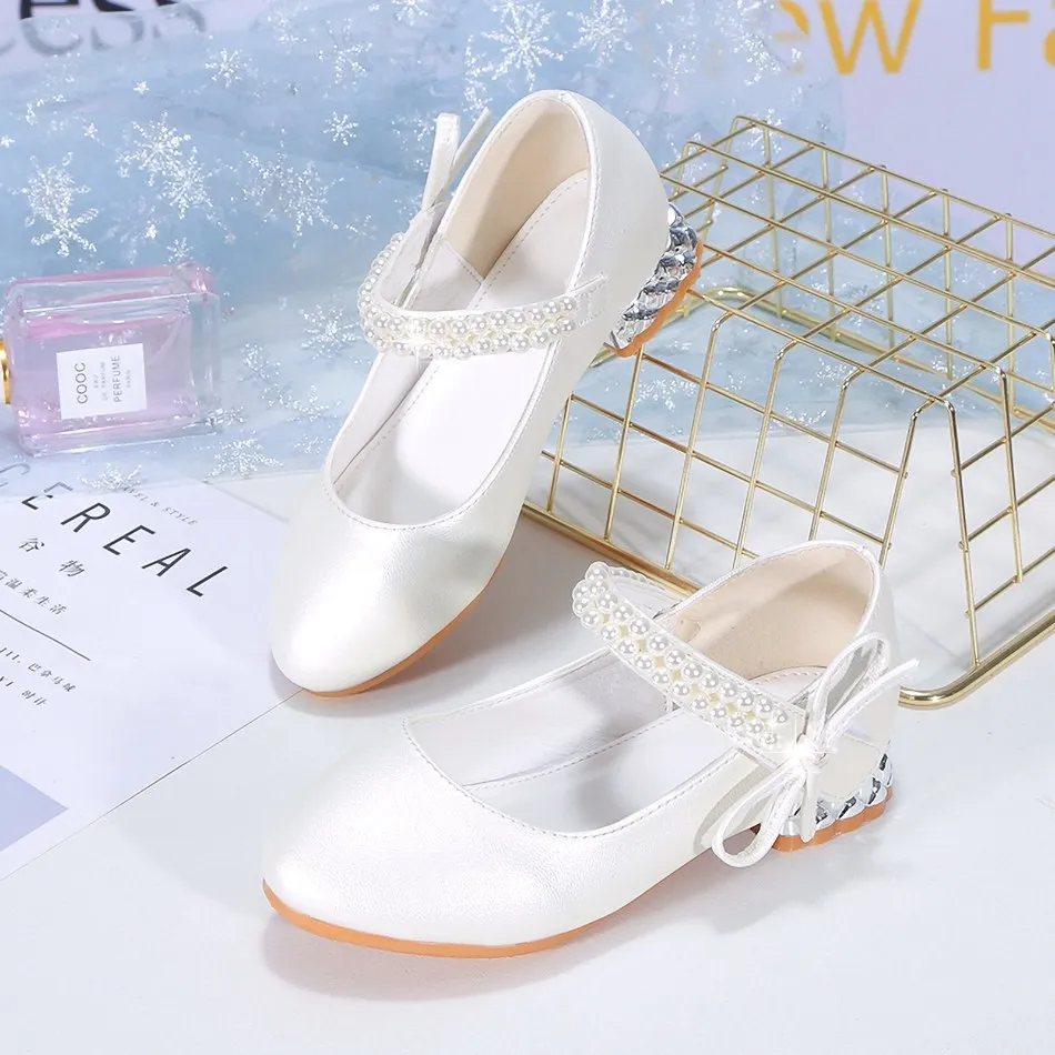 Girls Aurora Shoes Children Summer School Glitter Ballerina Flats Kids Princess Wedding Leather Pumps Birthday Pearl Sandals