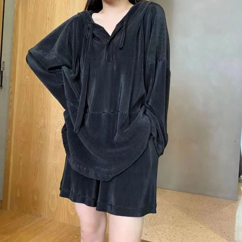 

plus Size Women's Casual Loose Sun Protection Top Bot Set Spring Season High Waist Korean Sle Long Sve Hoodie
