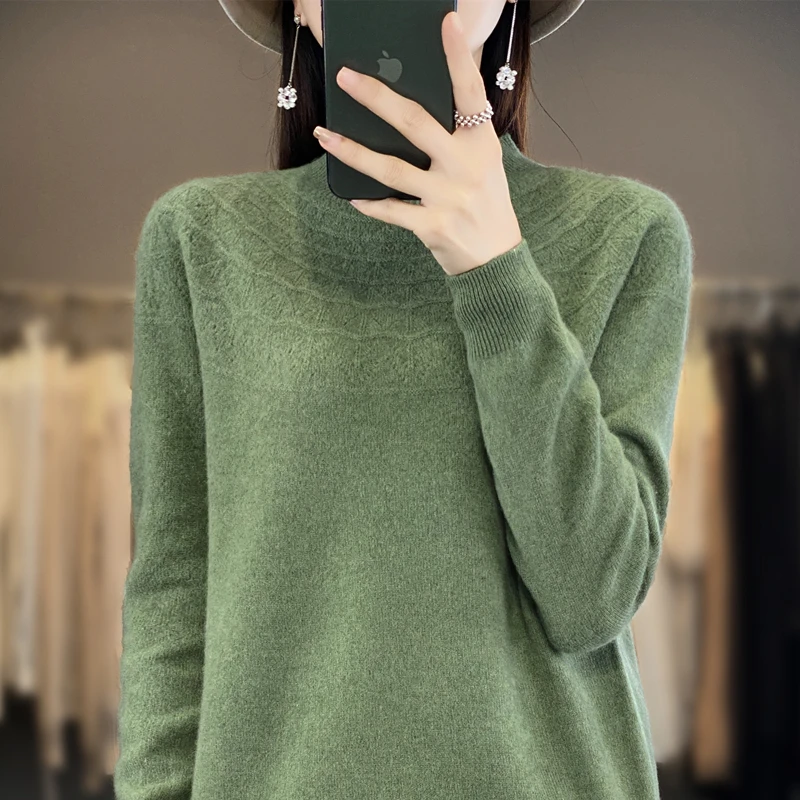 2024 New Pullover Long Sleeved Semi High Neck Hollowed Out Loose Sweater Women\'s Korean Version Autumn And Winter Base Sweater