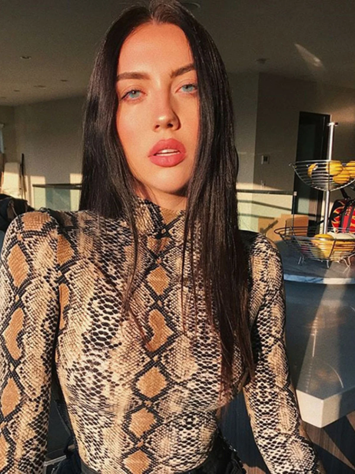 Sexy Snake Print Bodysuit Women's Slim Fit Long Sleeve Top Tightening Base Shirt Street Style Polyester Spandex Blend