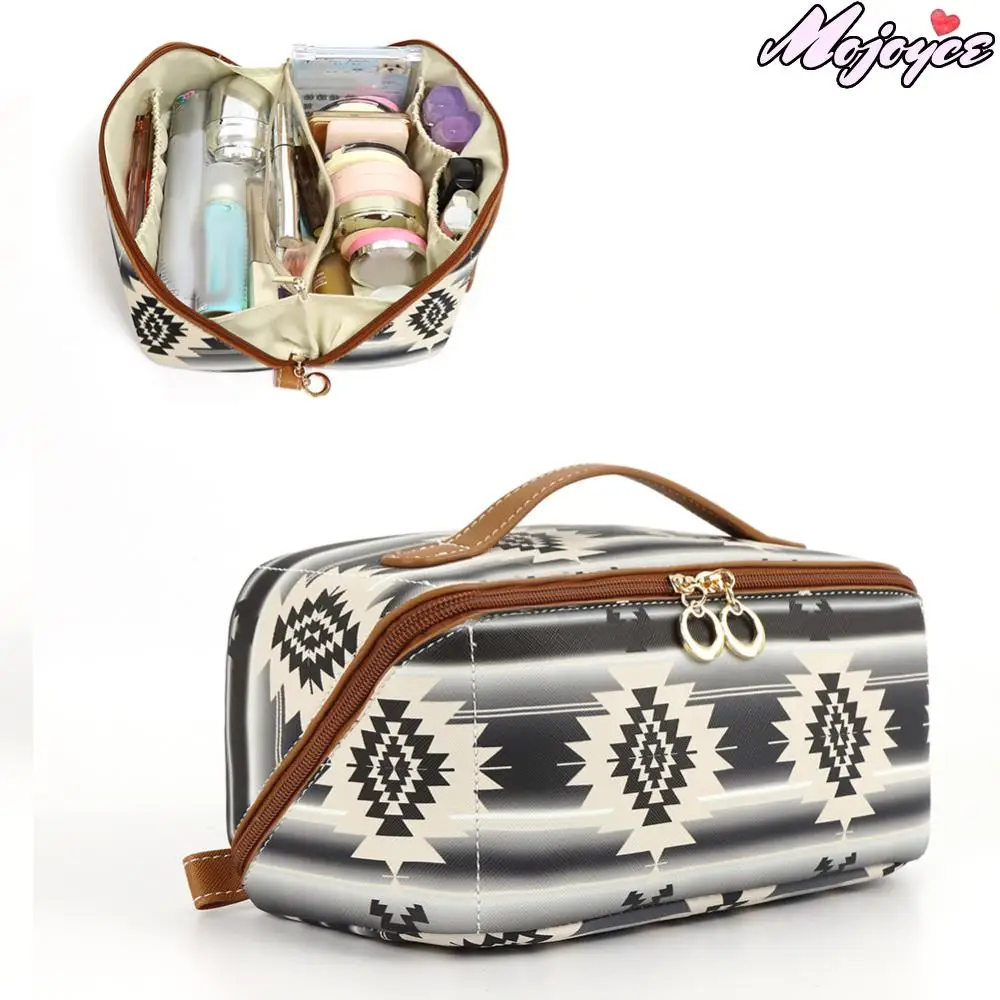 Bohemian Style Cosmetic Bag PU Leather Women Travel Makeup Bag with Handle Large Capacity Skincare Toiletry Bag New Storage Bags