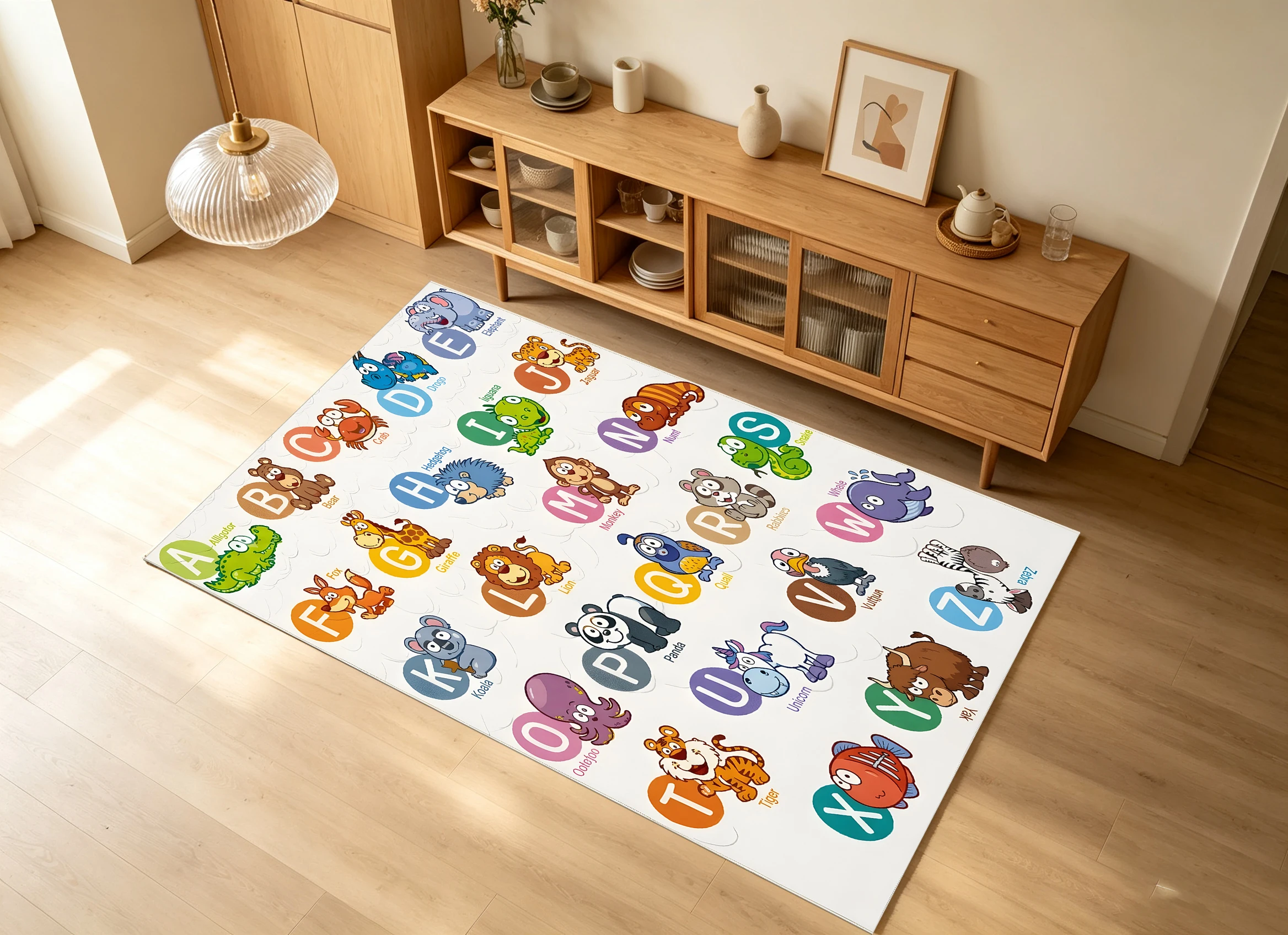 2D Large Rug with Beige Background, Colorful Cartoon Animals & Letters, Fun & Comfortable, for Children's Room Play Areas