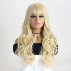 Long Body Wavy Synthetic  Wig for Women Natural Wave Wigs with Bangs  Fake Hair Heat Resistant Fiber For Daily Halloween Party