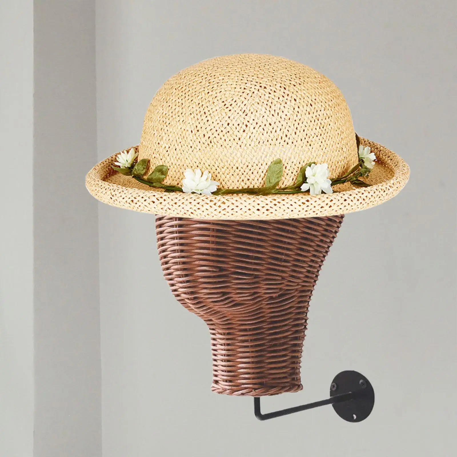 Rattan Mannequin Head Wall Mount Wig Display Model, Multipurpose Hat Rack Wig Holder for Headband Glasses Headdress Salon