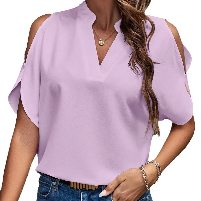 Blusas Elegantes Para Mujer 2024 Elegant Women Shirt V-neck Shirt Off Shoulder Sleeves Solid Color Gauze Office Y2K Summer 2024