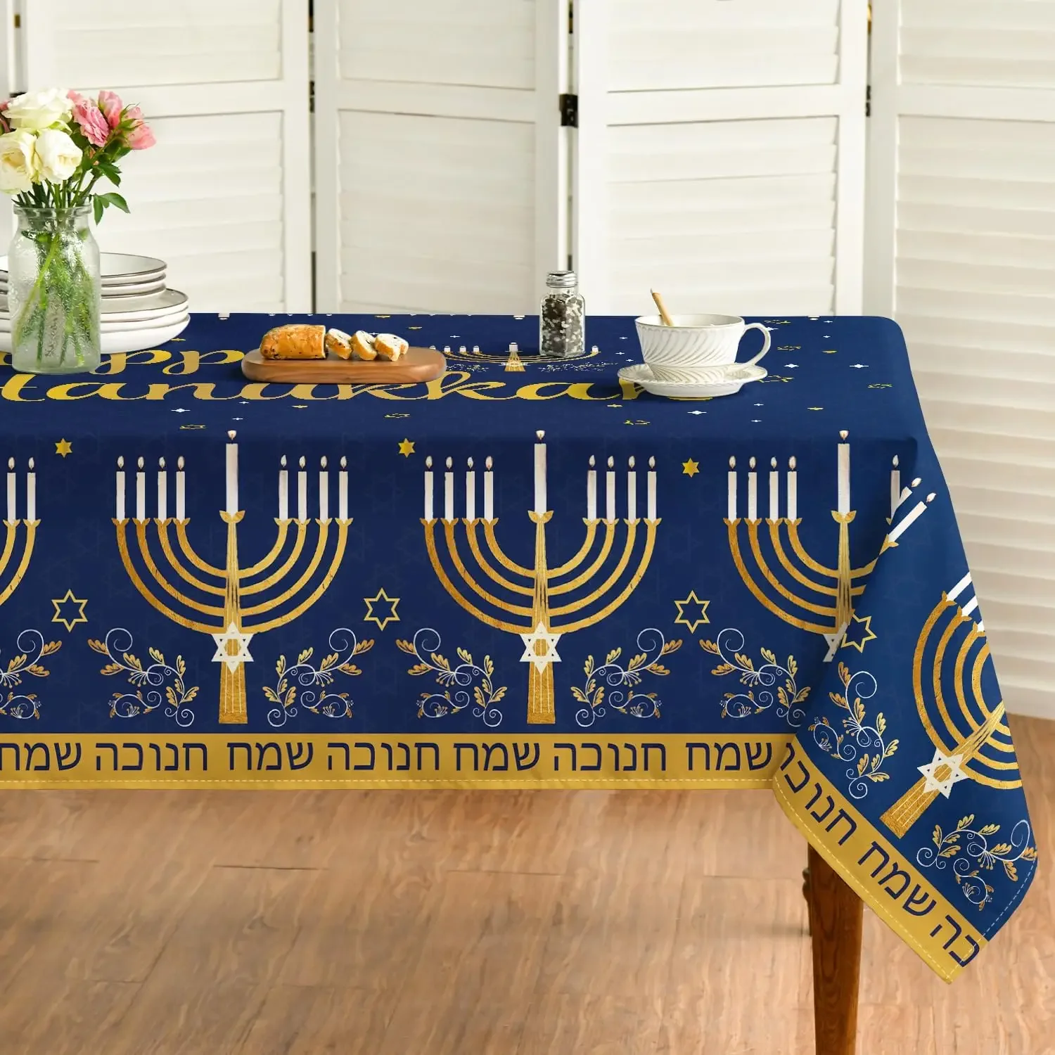 Hanukkah Tablecloth for Jewish Holiday Table Decor Reusable Candles Chanukah Menorah Kitchen Dining Tablecloth Hanukkah Decor