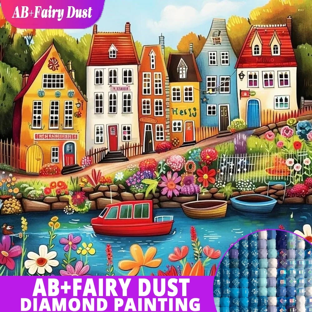 

AB Фея Пыль Алмазная картина Дом Пейзаж Город 5D Полный квадратный дрель Пейзаж Мозаика Речная лодка Домашний декор