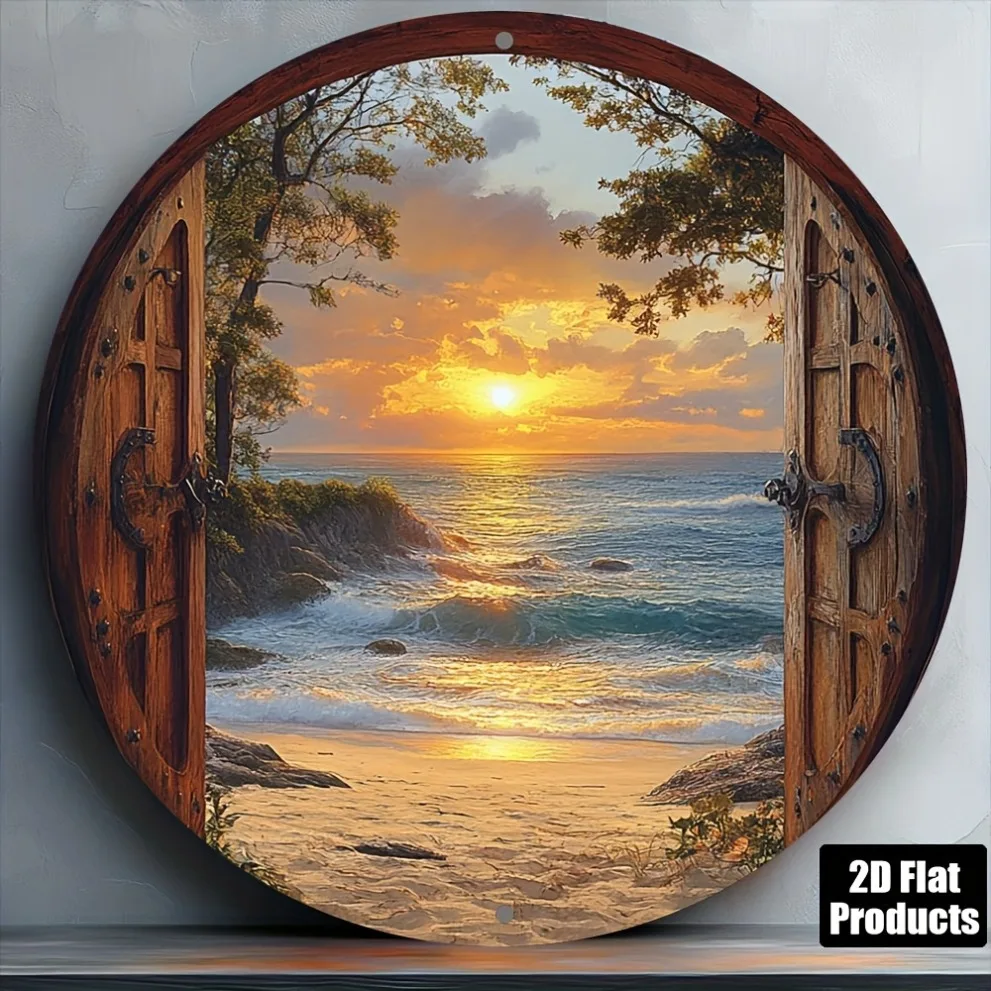 2D Strand-Sonnenuntergang Runde Metall-Wandkunst 8x8 Zoll Küstendekoration Sand-Wellen Rustikaler Landhausstil für Zuhause Küche Café Büro