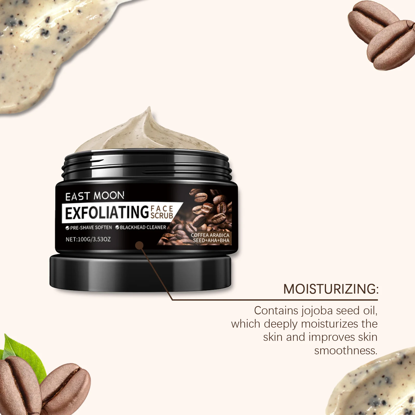 Kaffee-Peeling-Peeling, peelt sanft, um die Poren zu entstopfen, reduziert Mitesser und hellt die Haut für eine glatte Oberfläche auf