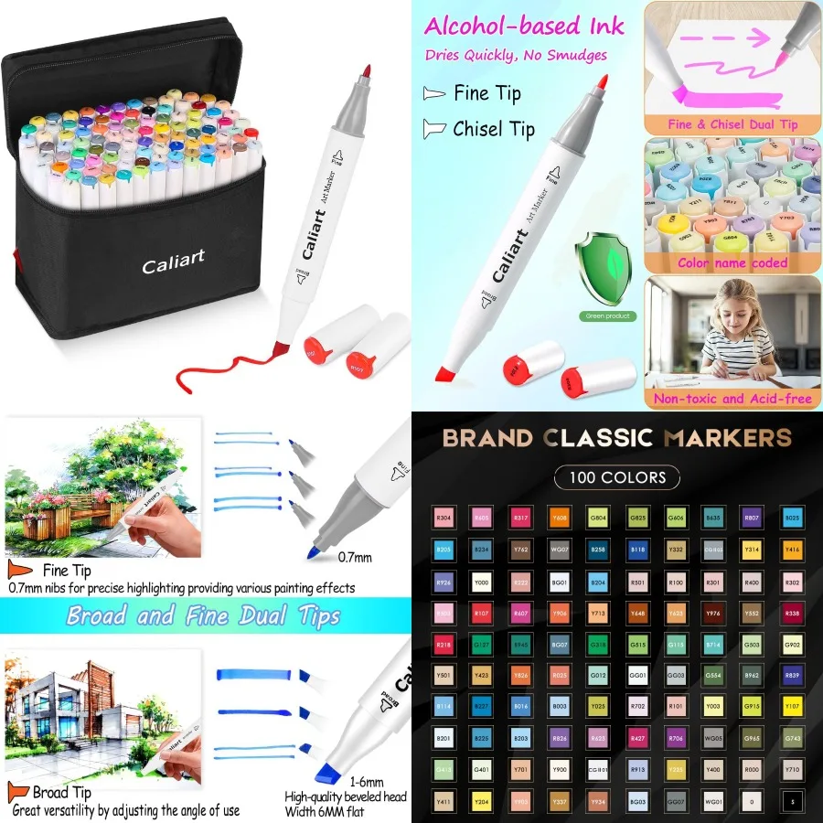 

Caliart Markers 100 Colors Dual Tip Art Markers Sketch Pens Permanent Alcohol Based for Adults Artists Drawing Illustration Ske