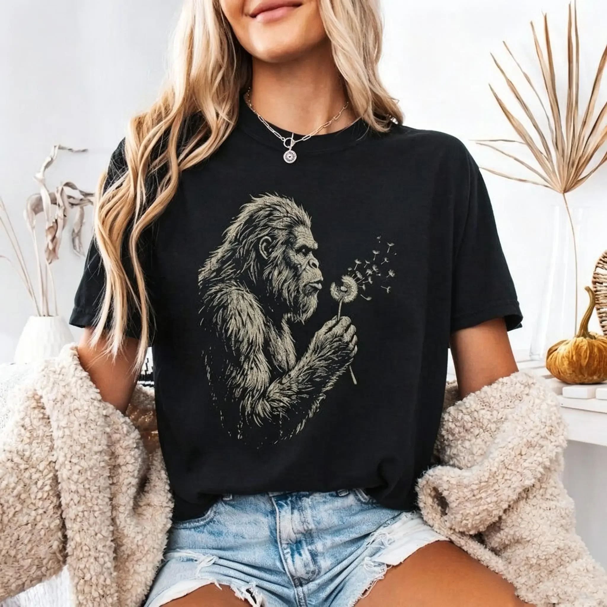 Bigfoot Dandelion T-Shirt, Vintage Sasquatch Nature Tee, Woodland Cryptid Graphic T-Shirt, Outdoor Adventure Shirt, Bigfoot Lover Gift