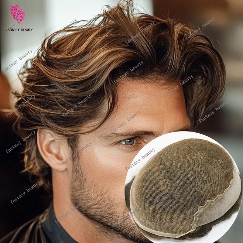

Super Durable Q6 Lace Front Frence Lace&PU Base Bleached Knots Male 100% Human Hair Invisible Men Toupee 1B65 Grey Prosthesis