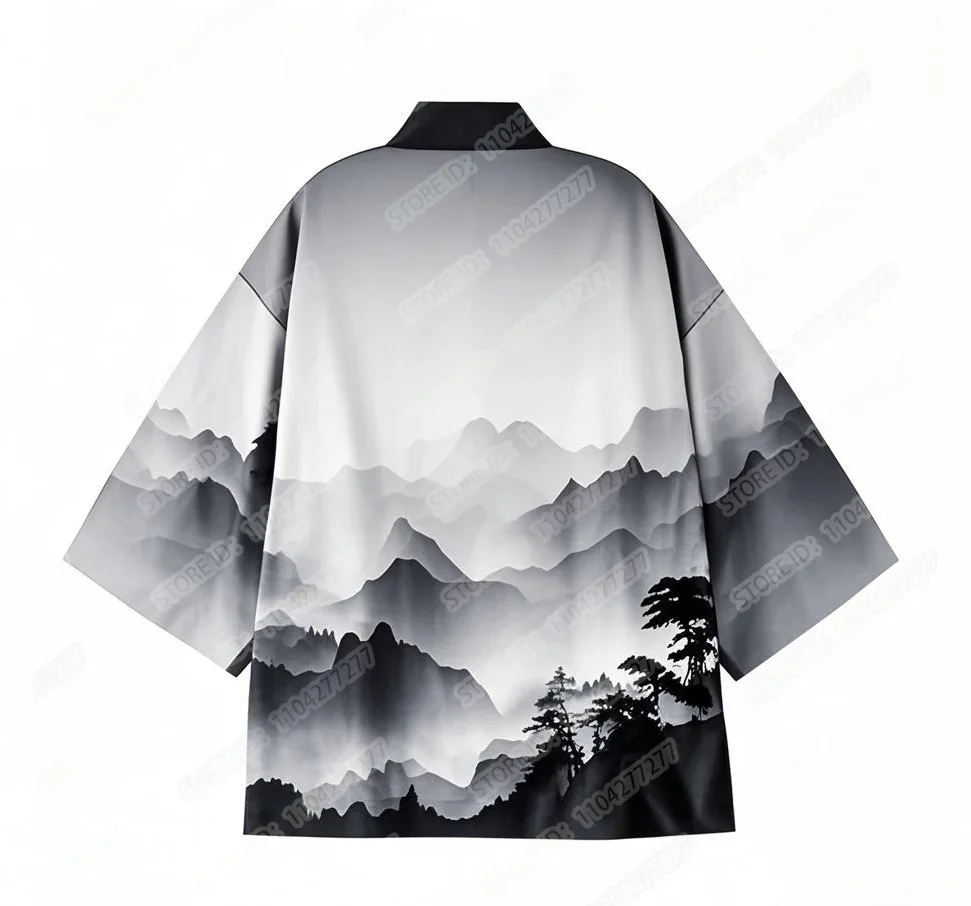 Men's Kimono Shirt Cardigans Landscape Painting Japanese Ukiyoe Loose Fit Open Front Shirt Kimono Men Casual Summer Beach Shirt