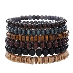 Best-selling Multi-layer Buddha Wood Bead Bracelets Sets Men's Retro Style Multi-layer Elastic Thread Adjustable Wooden Bracelet