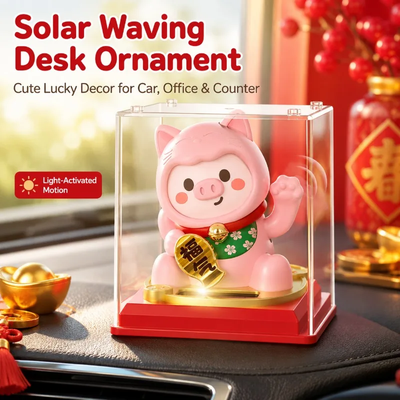 Solar Powered Waving Lucky Cat Ornament Cute Cartoon Desk Decor with Dust Cover for Car Office Counter Home Gift