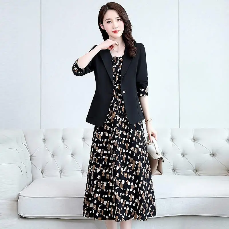 Women\'s Fashion Suit Set 2022 Fall New Casual Blazers Jacket Dress Two Piece Korean Elegant Vintage Floral Sling Midi Skirt Suit