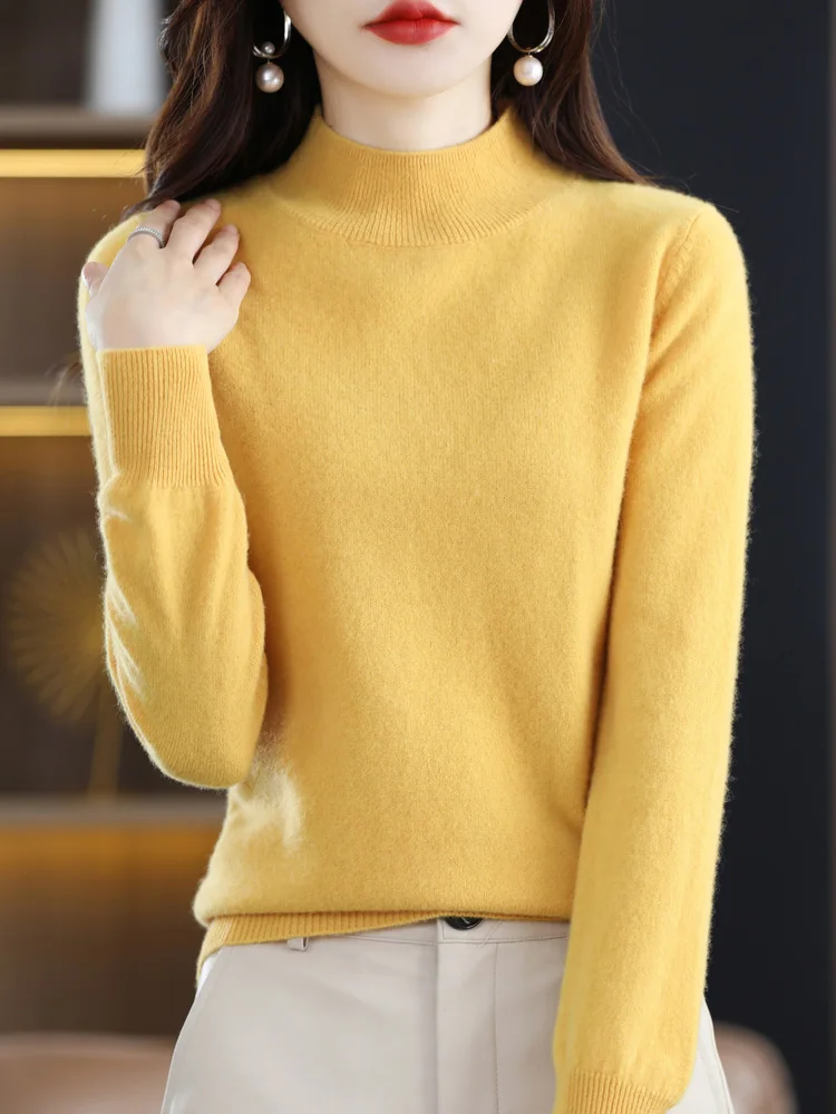 Addonee Autumn Winter Women Basic Sweater Mock Neck Pullover 100% Merino Wool Long Sleeve Solid Cashmere Knitted Female Clothes