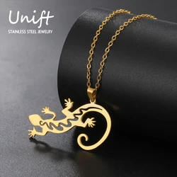 Unift Hollow Petite Lizard Gecko Necklace for Women Men Stainless Steel Neck Chain Fashion Lucky Animal Pendant Jewelry Gift