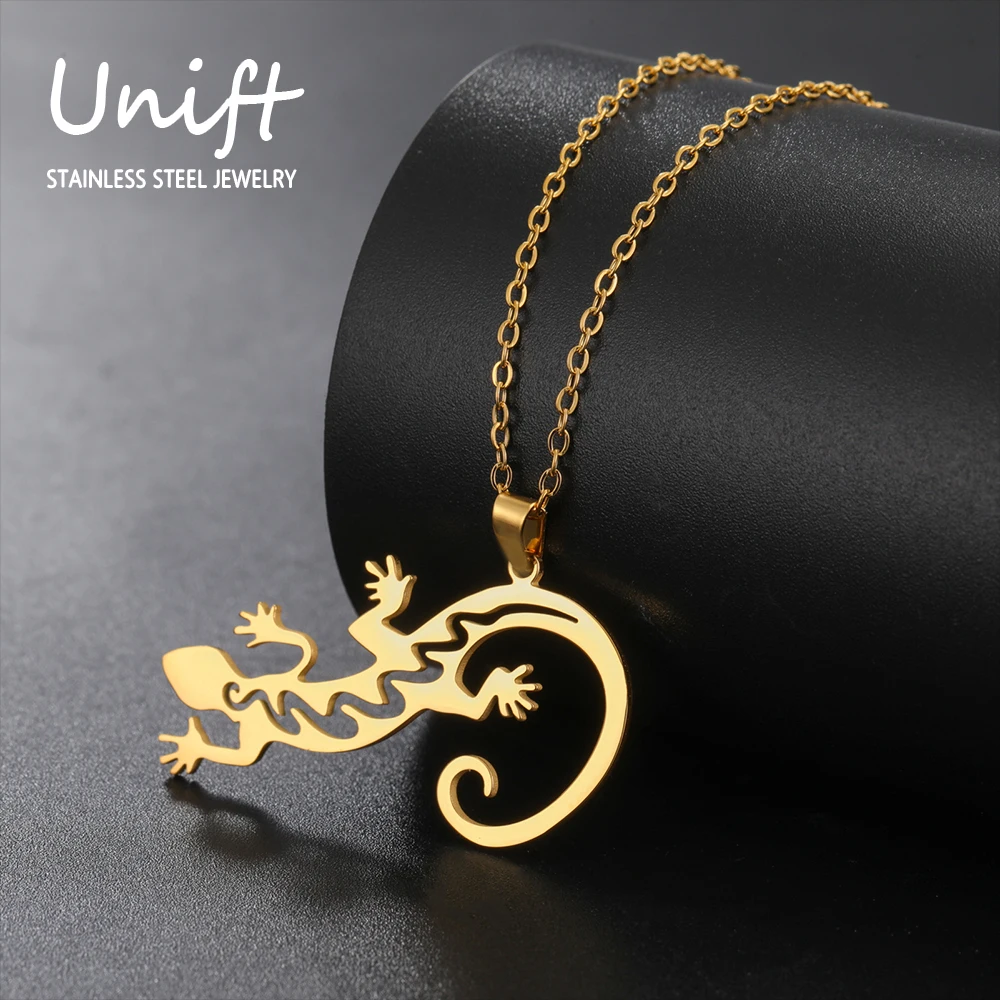 Unift Hollow Petite Lizard Gecko Necklace for Women Men Stainless Steel Neck Chain Fashion Lucky Animal Pendant Jewelry Gift