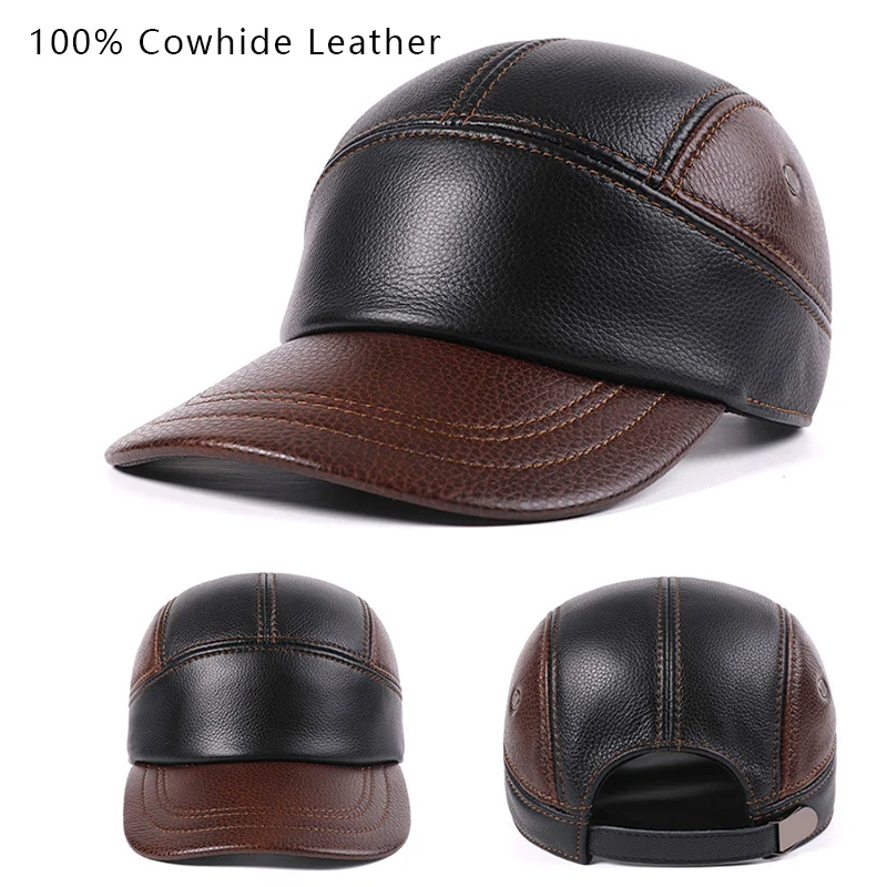 Genuine Cowhide Leather Baseball Cap for Men Color‑Block Adjustable Dad Hat Warm Large Size Winter Trucker Cap