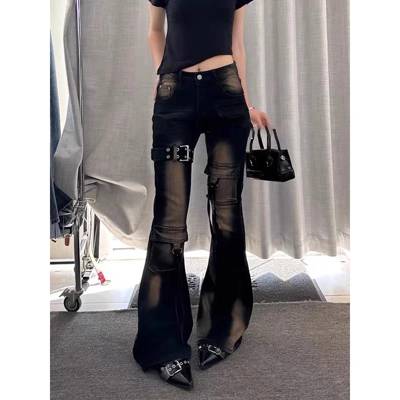 

ZHIZOU Autumn Winter Women Denim Pants High Waist Cargo Jean Goblin Core Kpop Bell Bottom Japanese Y2k Stretch 2000s Jeans Gyaru