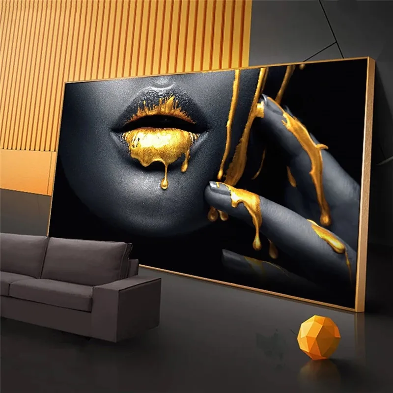 Portrait Figure Painting Wall art Black Africa Woman Golden Lip Canvas Posters and Prints Wall Art Picture for Living Room