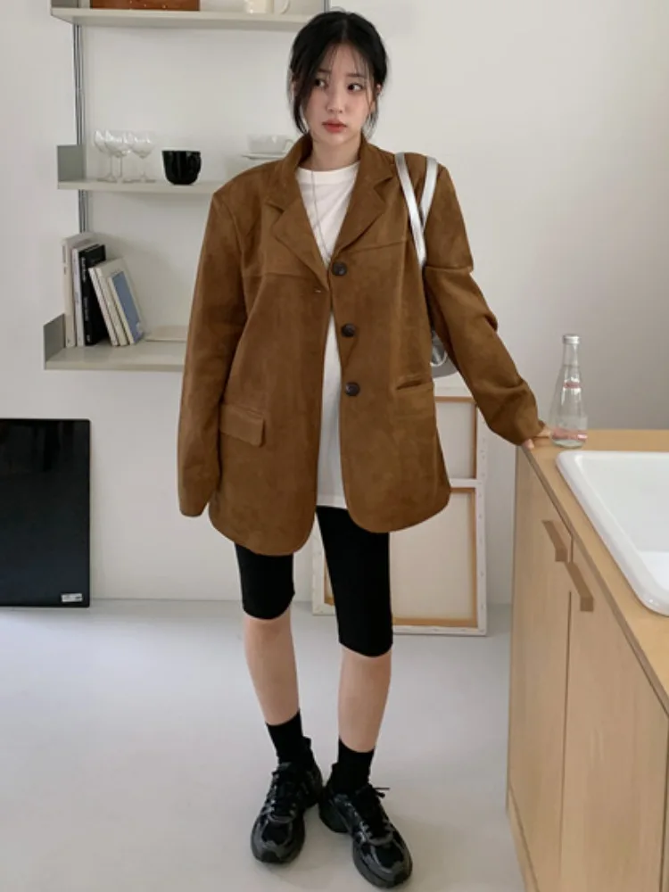 Casaco Casual Versátil de Manga Longa em Suede Sintético Estilo Retro Chic para Mulheres Outono Inverno Ajuste Solto Estilo E...